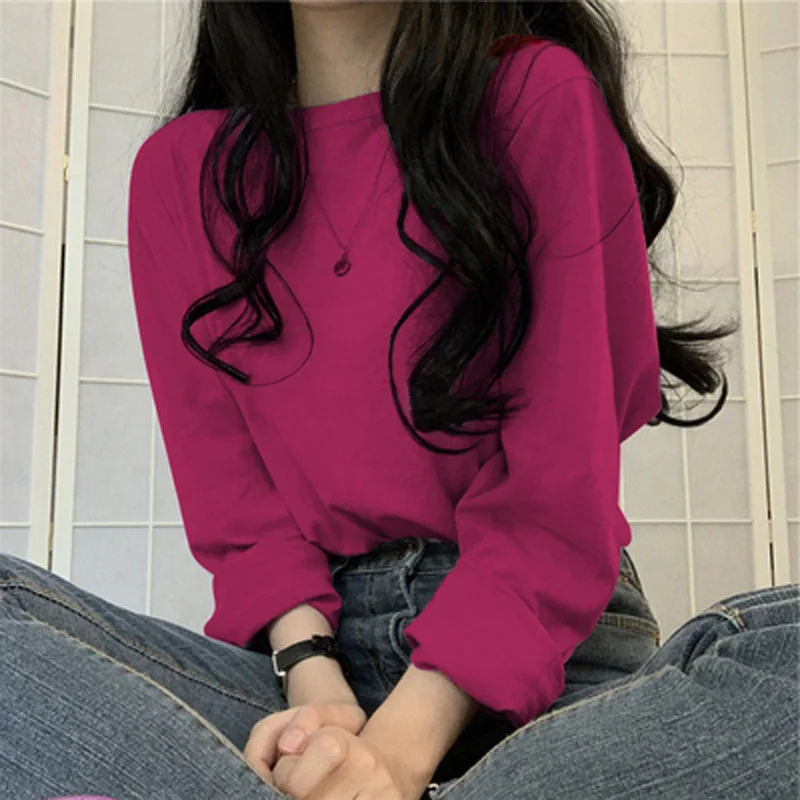 

Korean version new pure color long sleeve T-shirt for women loose and versatile student clothes women's clothes top wholesale