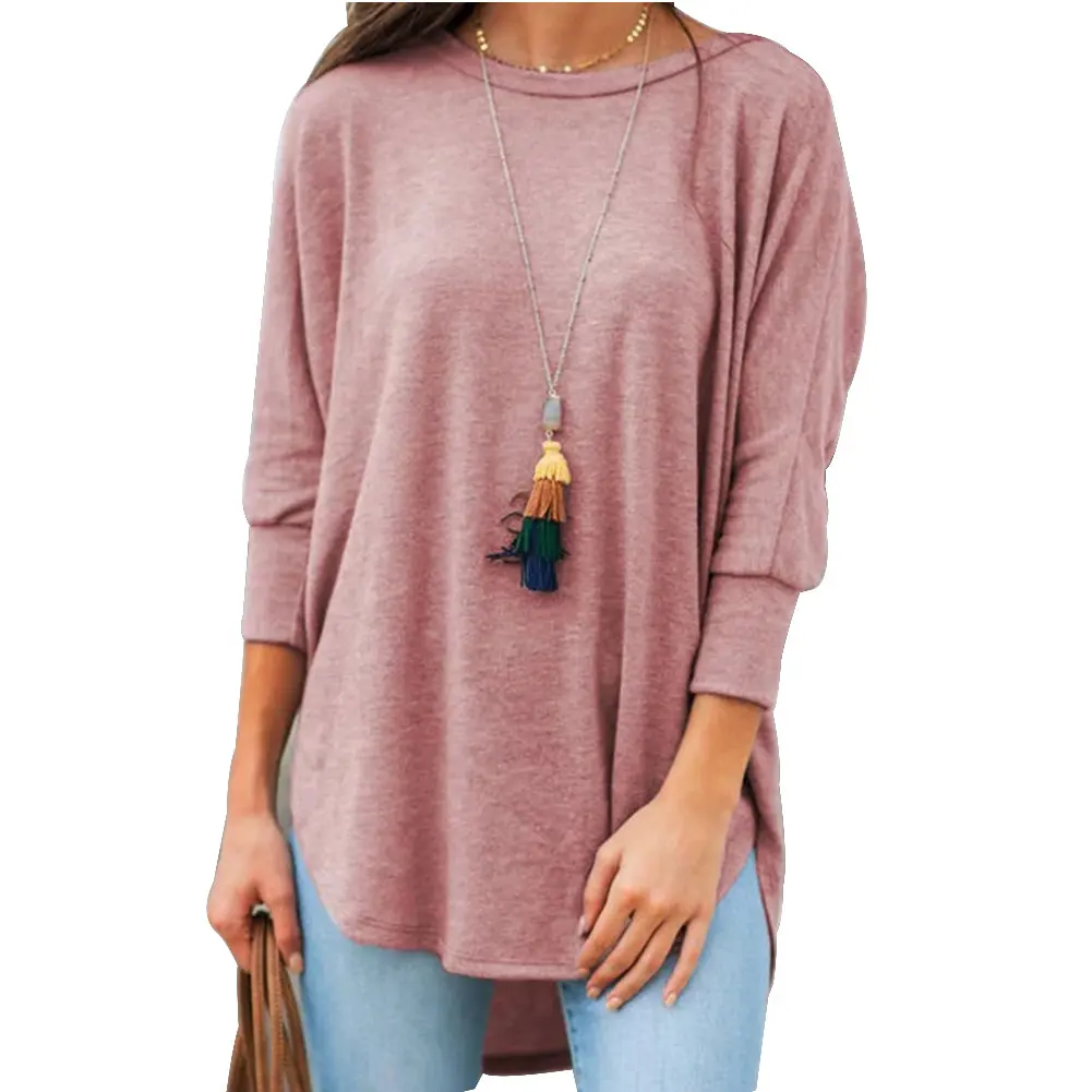 Осенние женские футболки с асимметричным подолом однотонные круглым воротником