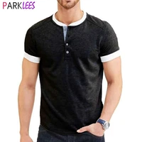 patchwork collar henley t shirt for men 2022 brand new short sleeve slim fit tee shirt homme casual cotton comfortable top tees