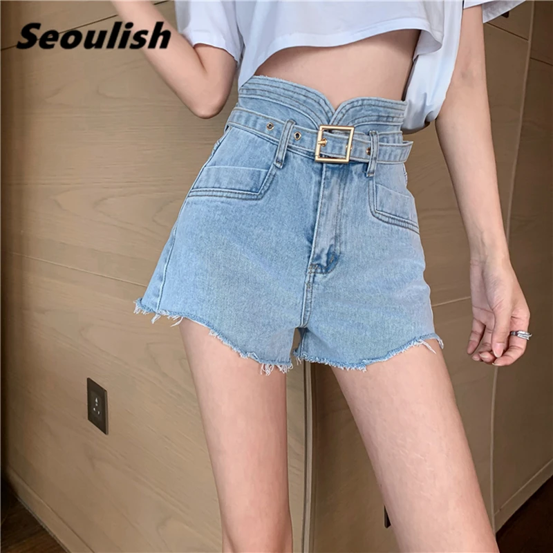

Summer High Waist Denim Shorts with Belted 2021 New Women Casual Loose Ladies Fashionable Pocket Female Blue Chic Jeans Shorts