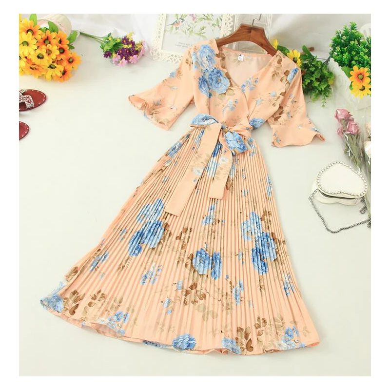 Boho 2020 V Neck Floral Print Summer Bandage Dress Midi Long Chiffon Party Women Casual Elegant Pleated Beach Holiday Dresses | Женская