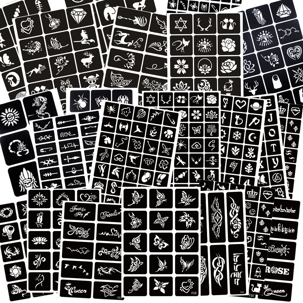22 Sheets Glitter Temporary Henna Tattoo Stencil Set 400pcs Airbrush Tattoo Templates for Girls Boys Adults Face Body Painting
