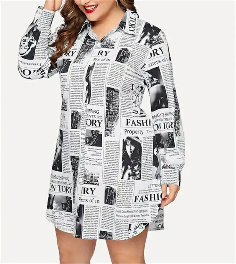 4XL 5XL Women Plus Size Dress Long Sleeve Newspaper Print Button Shirt Ladies Casual Loose Large Vestidos Mujer | Женская одежда