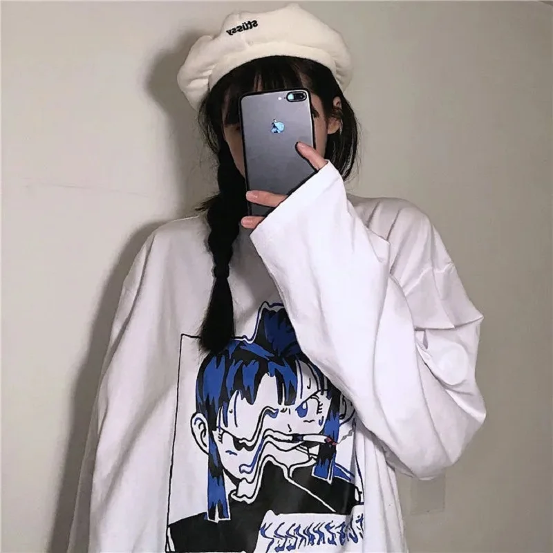 Street Korean Park Cartoon Anime Printed Solid Color Round Neck Loose Long Harajuku Sleeve T-Shirt Base Top Garbage Punk Retro