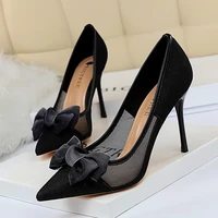 european and american nightclubs are thin mesh hollow womens shoes stiletto high heeled shallow mouth pointed bow single shoes