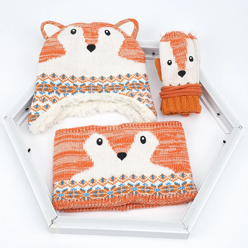 Детская шапка шарф перчатка набор зимняя с ушками для мальчиков и девочек Теплая