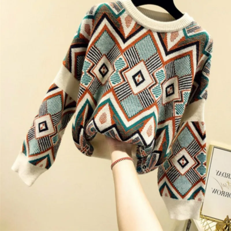 korobov autumn winter new arrival women sweaters long sleeve plaid o-Neck pullovers OL 79074 | Женская одежда