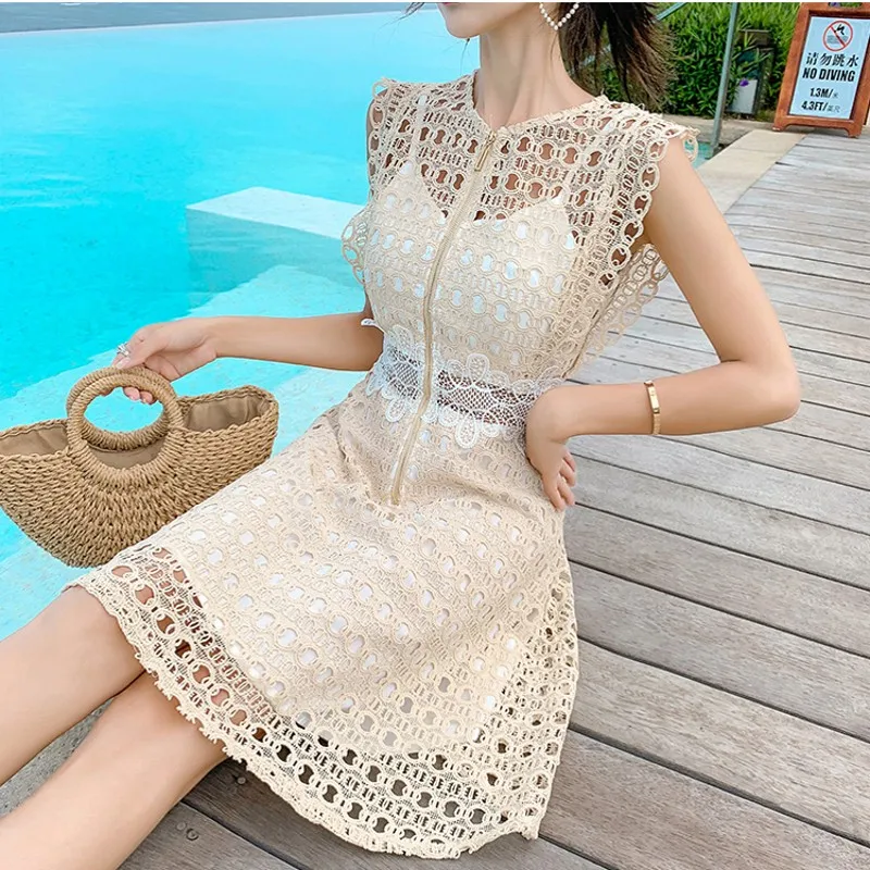 

New Arrival Runway Design Summer Slim Beach Holiday Party Elegant Women's Mini Hollow out Luxury Chic Dress Vestidos