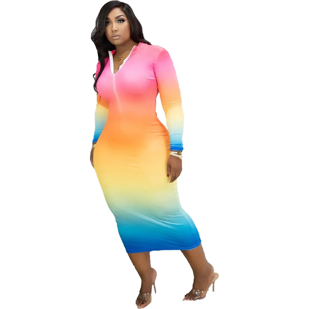 

Fashion Sexy Nightclub Style Women Skinny Dress Stand Collar V-Neck Zipper Long Sleeve Tie-dye Printed Female Dresses For Party