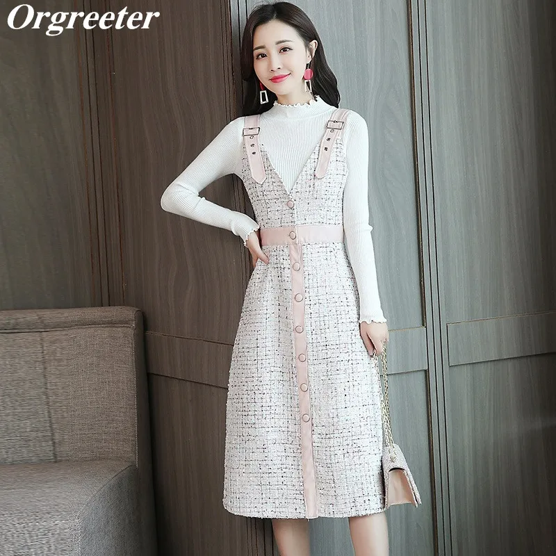 

Женский Однотонный свитер с рюшами и однобортное клетчатое твидовое платье на бретелях-спагетти, комплект из 2 предметов для весны и осени