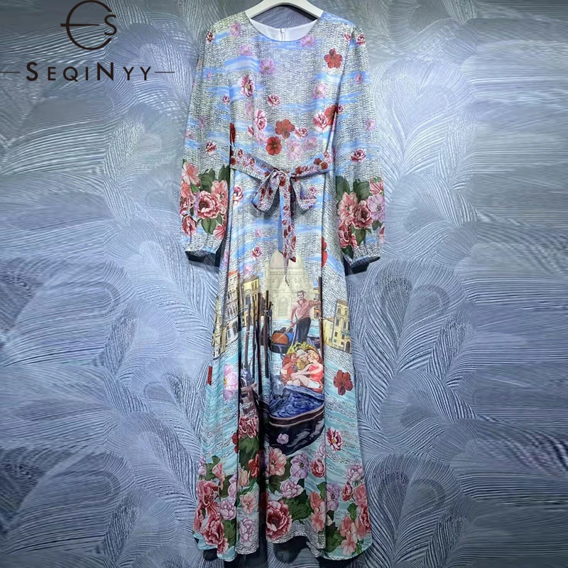 

SEQINYY Blue Midi Dress Spring Autumn New Fashion Design Women Runway Vintage Flowers Print High Street A-Line Casual Belt