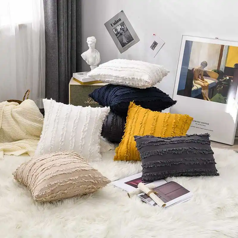 

Tassel Cushion Cover Home Decoration Cotton Linen Jacquard Pillow Cover for Sofa