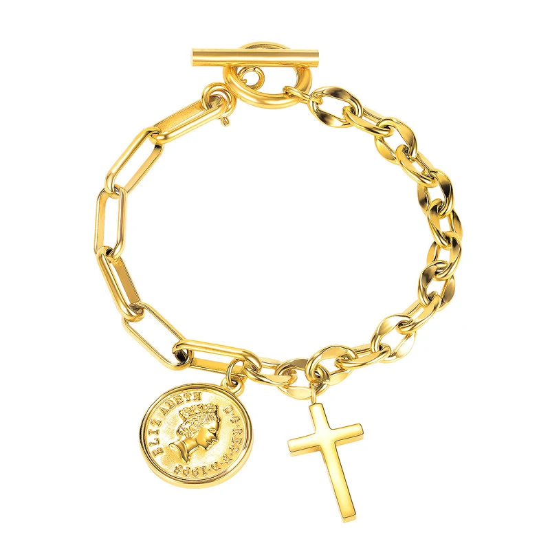 Монета с портретом titanium стали браслет ретро крест застежка OT Парные браслеты из