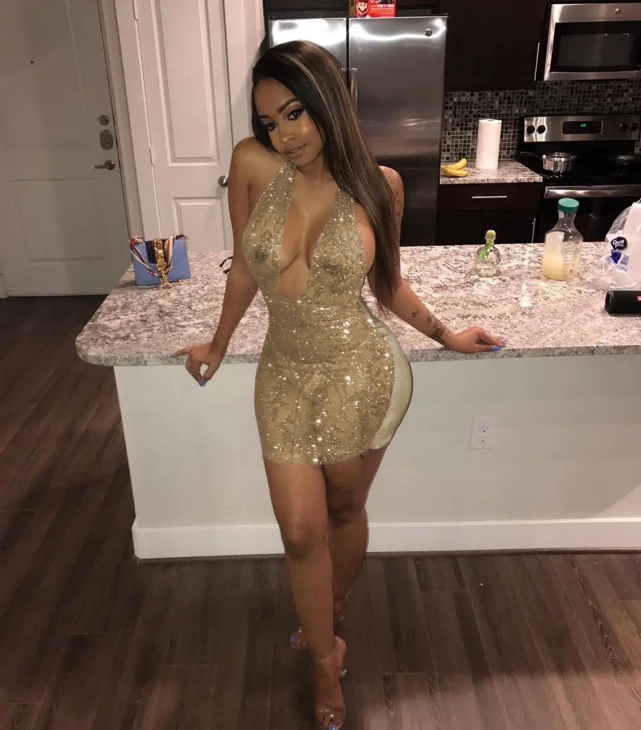 Женское Прозрачное платье с блестками AHVIT Сетчатое лоскутное лямкой на шее