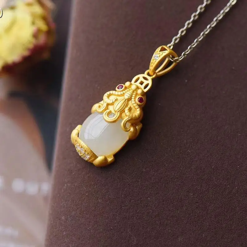 

S925 Sterling Silver Inlaid Hetian Jade Pi Xiu Pendant Amass Fortunes Clavicle Chain Vintage Gilding Craft Silver Necklace