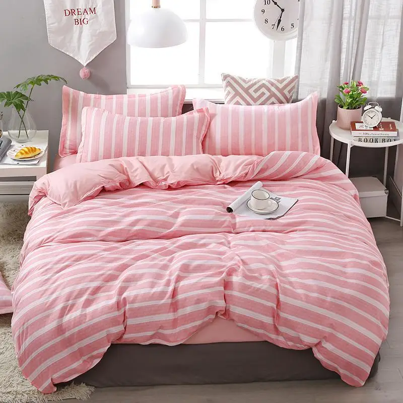 

58 simple pink stripes bedding sets linens Twin/Single/Double/Queen/King Size duvet cover+bedsheet+pillowcases girls bedclothes