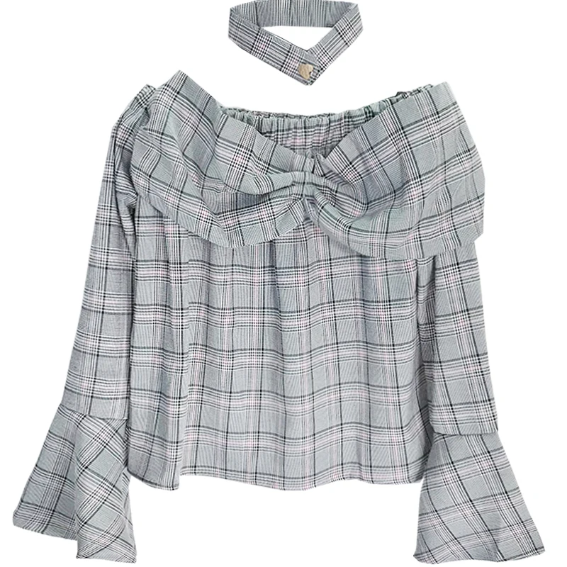 Autumn Streetwear Plaid Off Shoulder Blusas Slash Neck flare Sleeve Women Blouses Sexy Short Vintage Halter Shirts Sweet Top