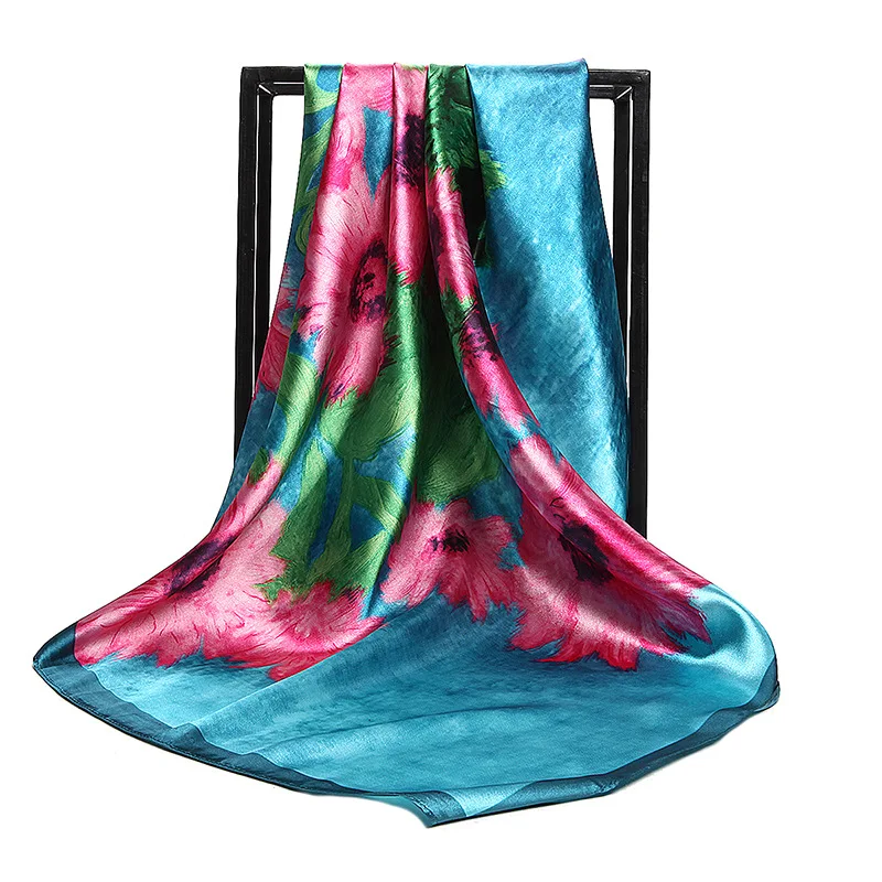 

2021 Fashion Kerchief New Neck Scarves Women Oil Painting Silk Satin Hair Scarf Female 90X90CM Square Shawls Large Hijab Scarfs