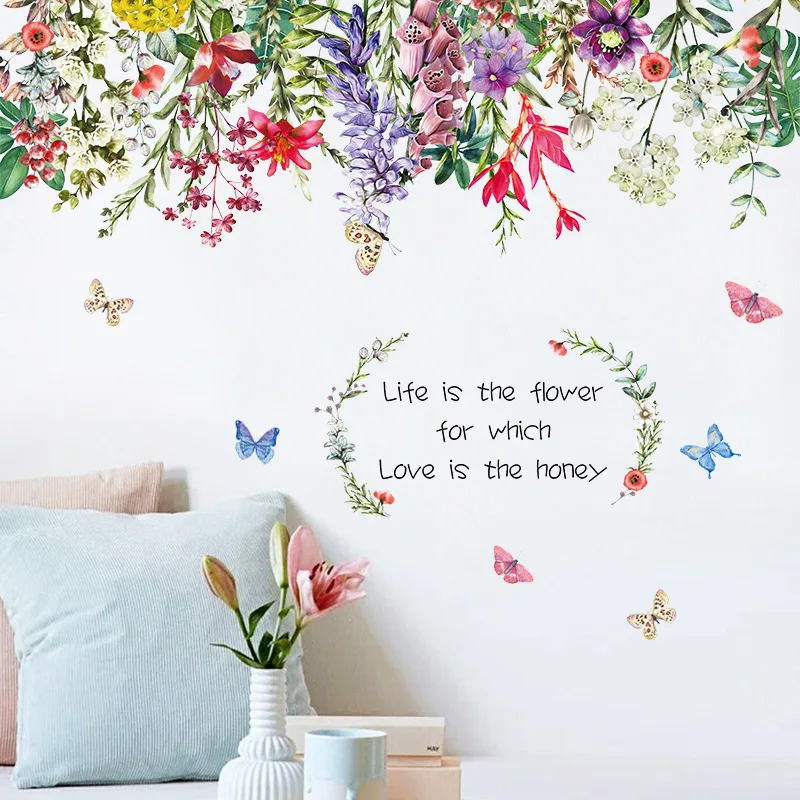 

DIY Green Grass Wall Stickers Colorful Flowers Vinyl Wallpaper Self Adhesive Butterflies Wall Decal Room Decoration Aesthetic
