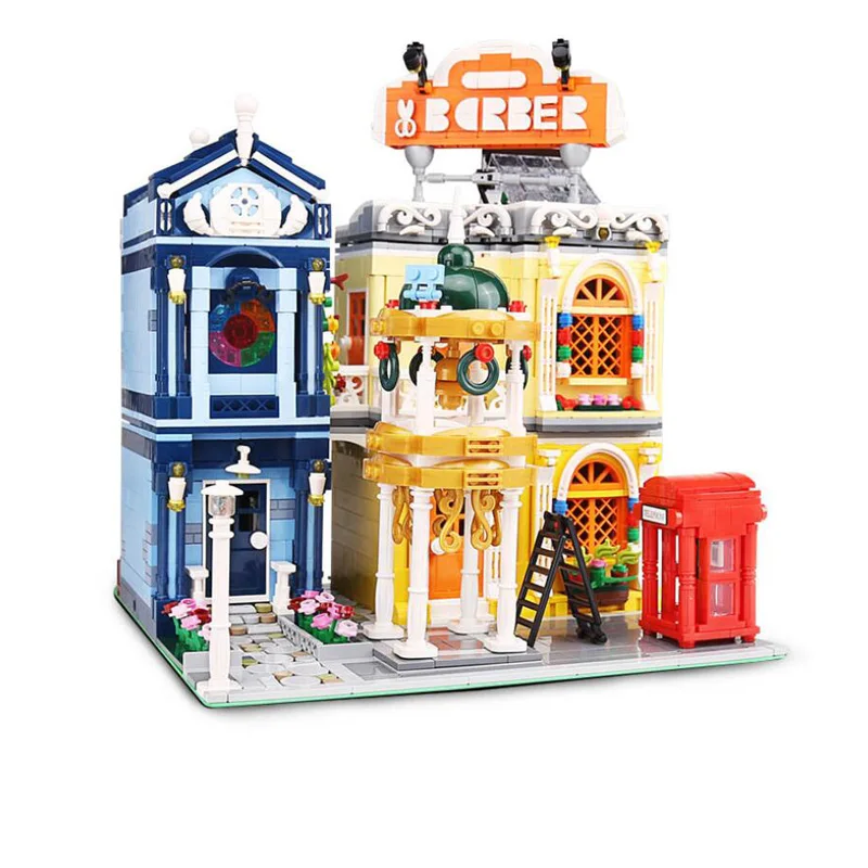 

2267 PCS 16031 MOC Street View Building Blocks The Barber Shop In Town with Led Light Model Brick Toys Kids Christmas Gifts