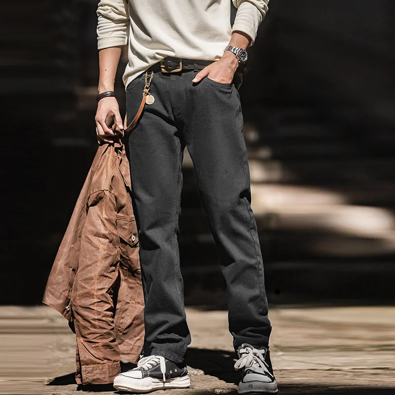 

Maden Men Baggy Denim Jeans American Retro Pure Black Mid-waist Jeans Water Washed Straight Pocket Classic Style Tannin Pants