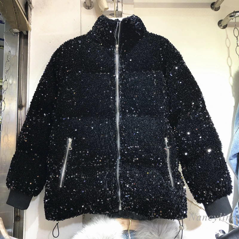 Women's Cotton-Padded Clothes New Stand Collar Colorful Sequins Thickened Warm Down Cotton Coat Female Lady Parka 2022 Winter