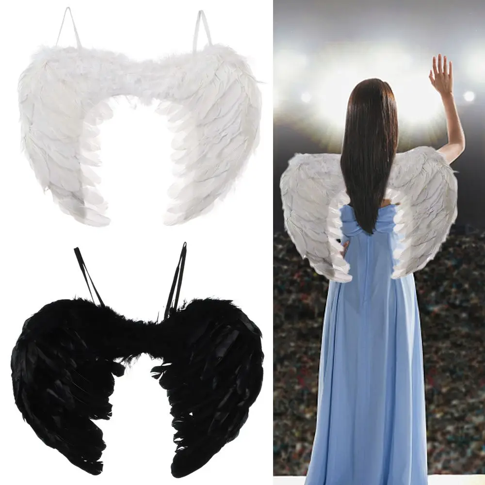 

Black White Cosplay Party Supplies Christmas Halloween Costume Angel Wings & Halo Fancy Dress Props Feather Wings