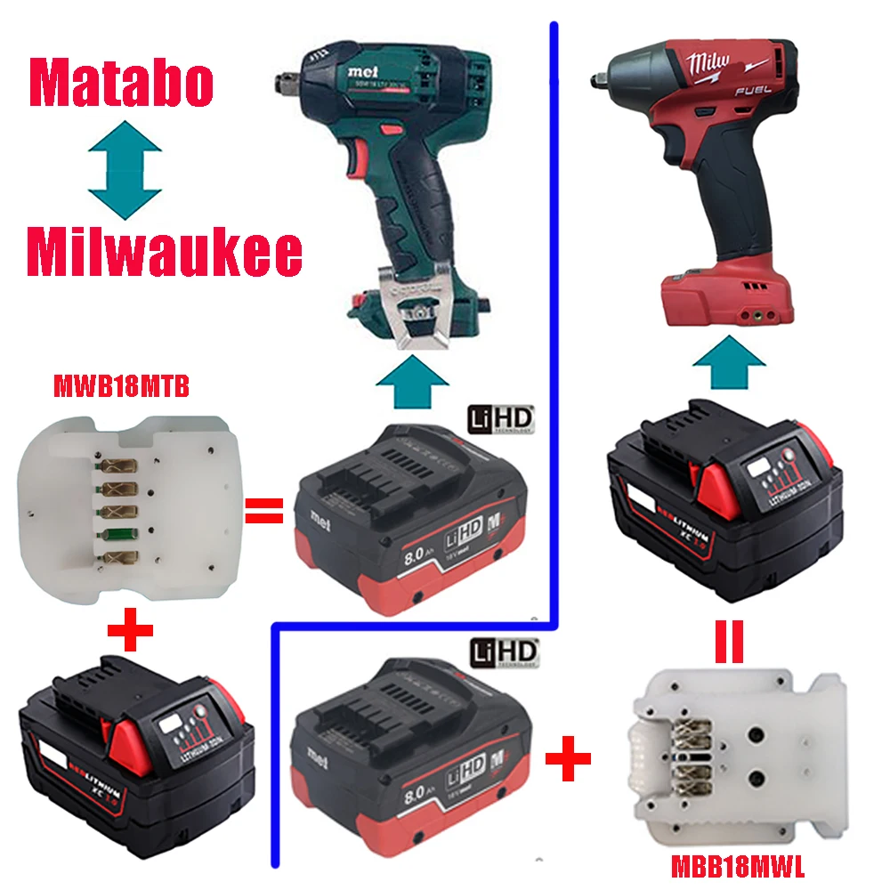 

Преобразователь адаптера электроинструмента MWB18MBL (батарея Milwakee в инструмент Metabo) MBB18MWL (батарея Metabo в инструмент Milwaukee)