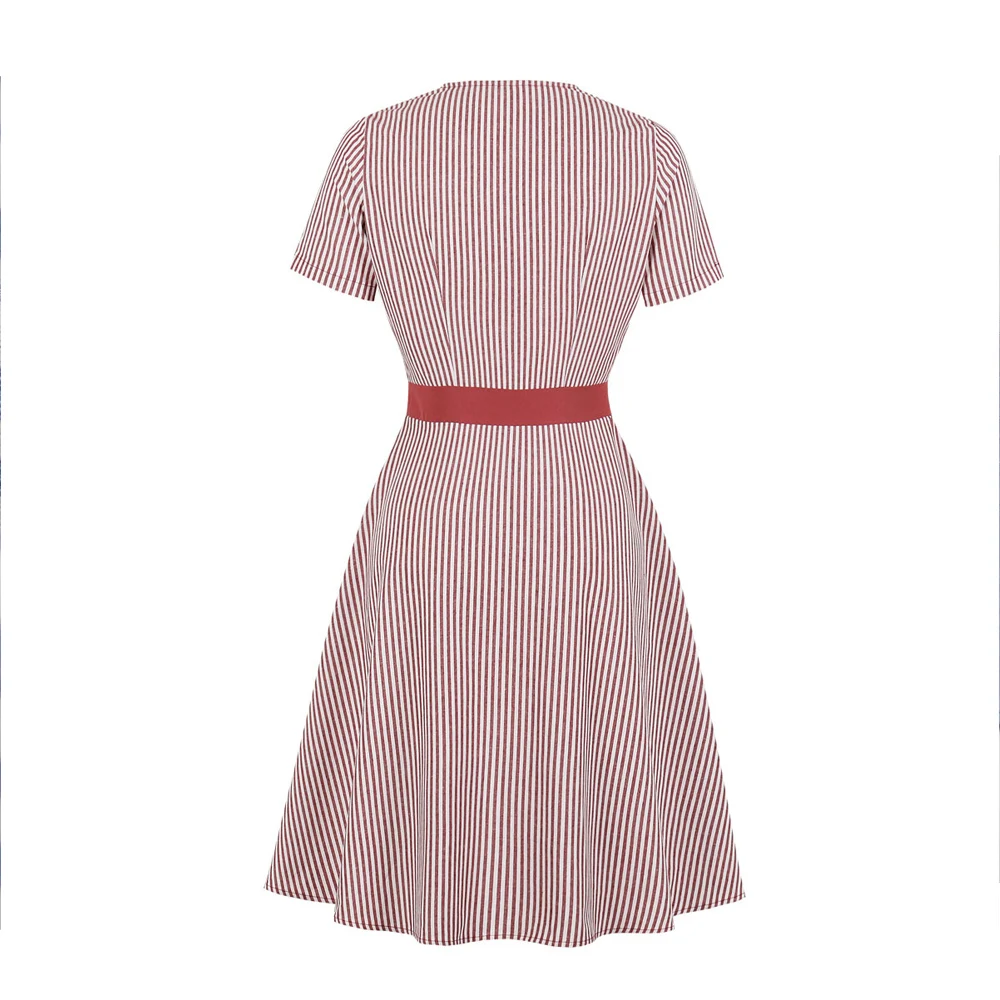 

When We Retro Women Summer Dress Short Sleeve Vintage Dress Striped Print Elegant A-Line Midi Dresses Female Plus Size QY0925