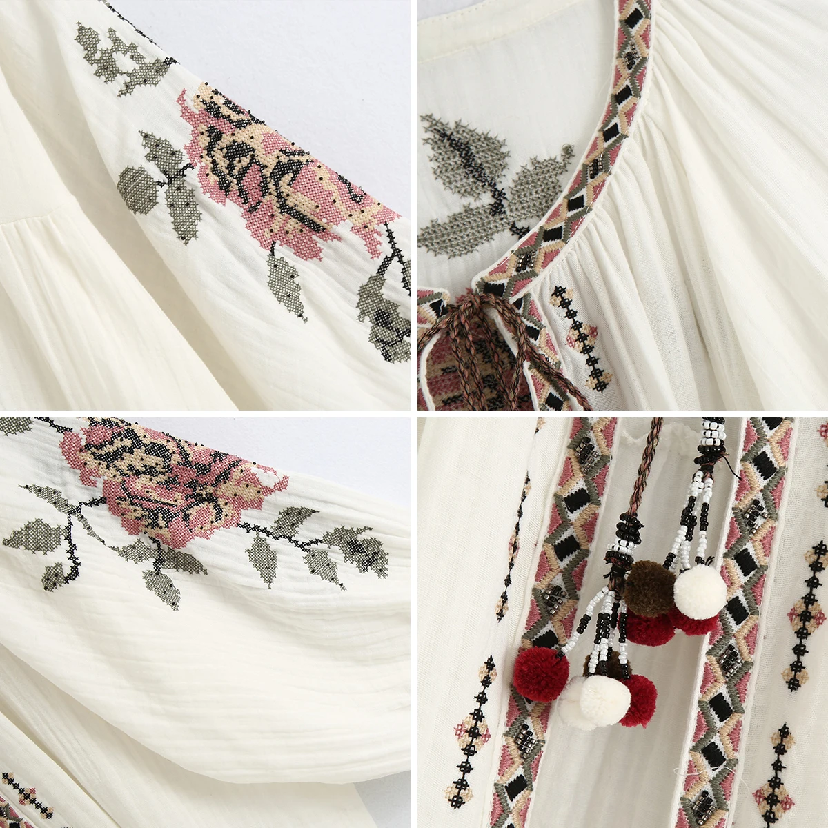 

Beading Embroidered Shirts Blouse Cardigan Vintage Lace-up Tassel O-Neck Lantern Long Sleeve Blouses Top Hippie Chic Blusas 2020