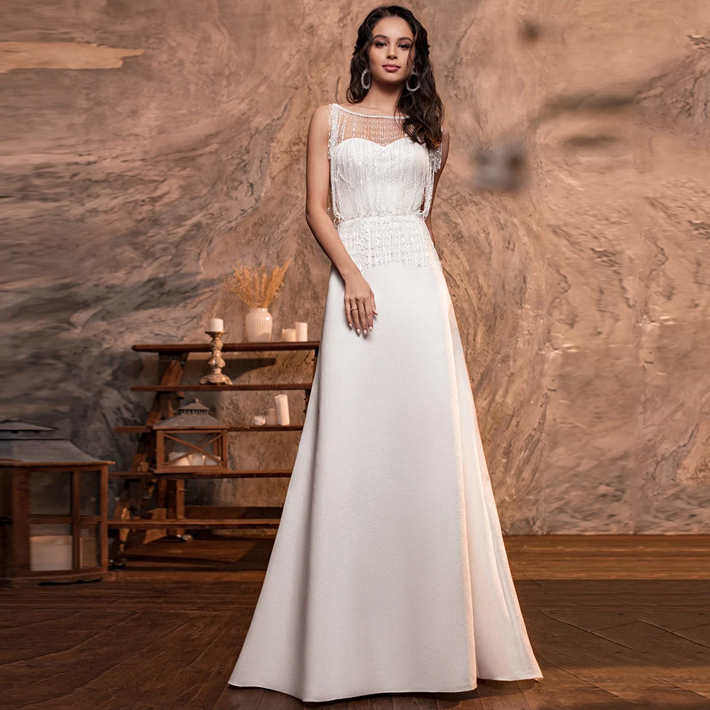 

Elegant A-Line Satin Wedding Dress 2021 Round Neck Sleeveless Botton Back Vestidos De Novia Bridal Gowns Wedding Party Dress