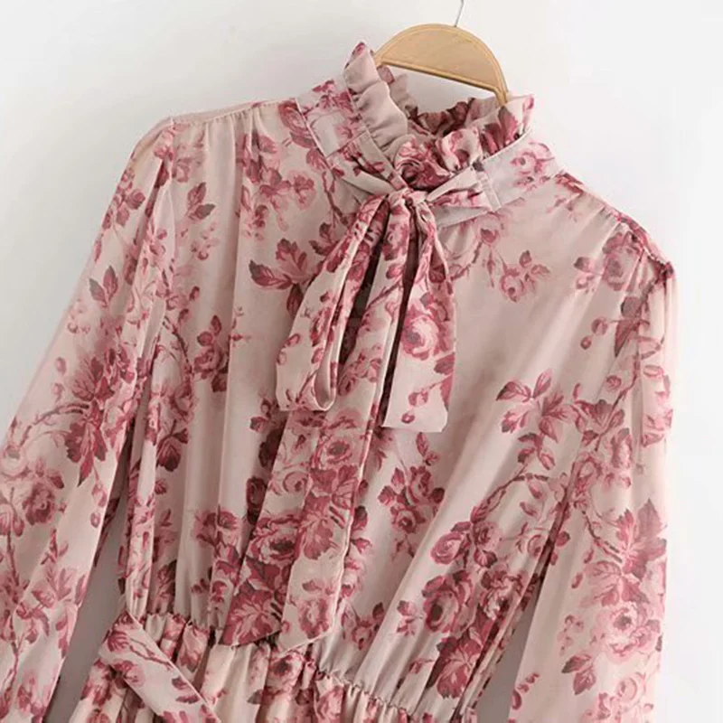 Женское винтажное платье с цветочным принтом длинное поясом и длинным рукавом |