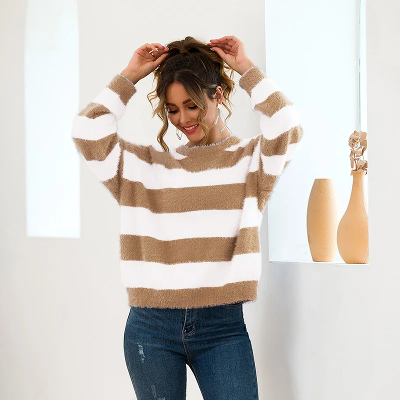 Fitshinling Hairy Striped Women Sweaters Winter 2019 Fuzzy Slim Long Sleeve Knitted Jumper Pullovers Femme Boho Sweater Ladies | Женская