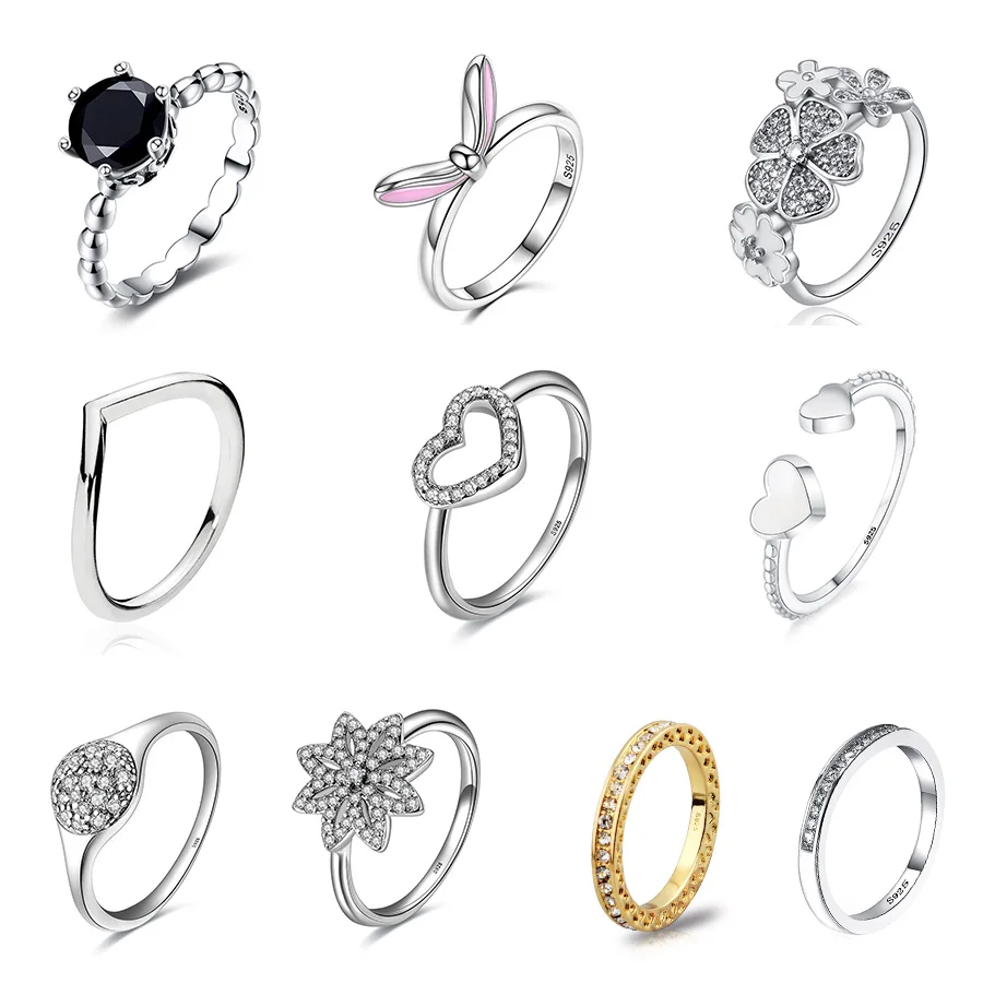 

925 Sterling Silver Ring Charms Diy Rabbit Ears Pink Round Finger Ring Black Cz With Crystal Cz For Women Party Jewelry Gift