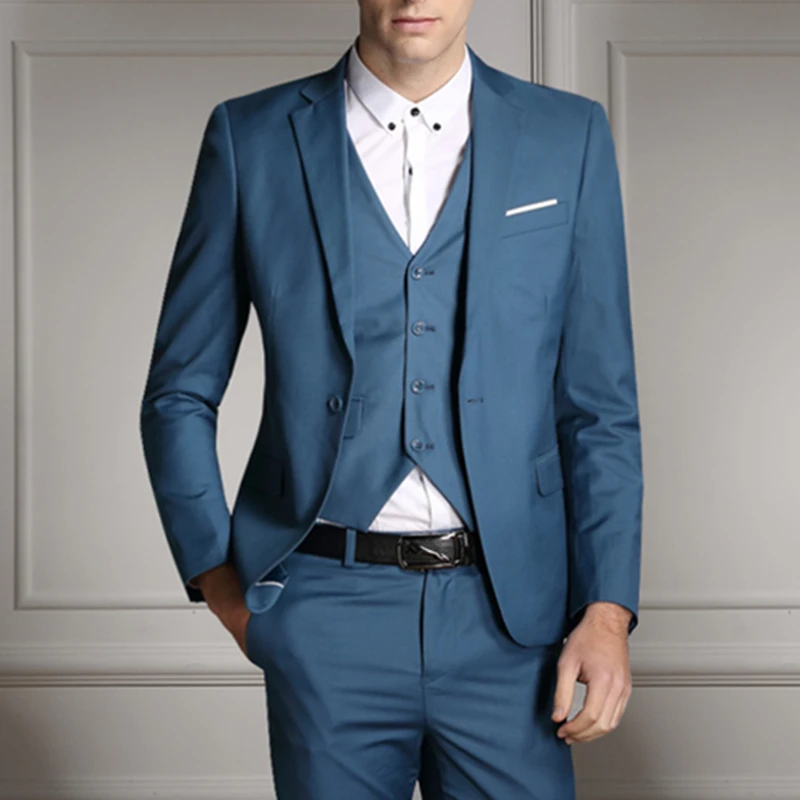 

Tailor Made New Fashion Formal Groom For Wedding Dress Party Blue Men's Suit Handsome Business Casual Set Jacket Vest And Pants