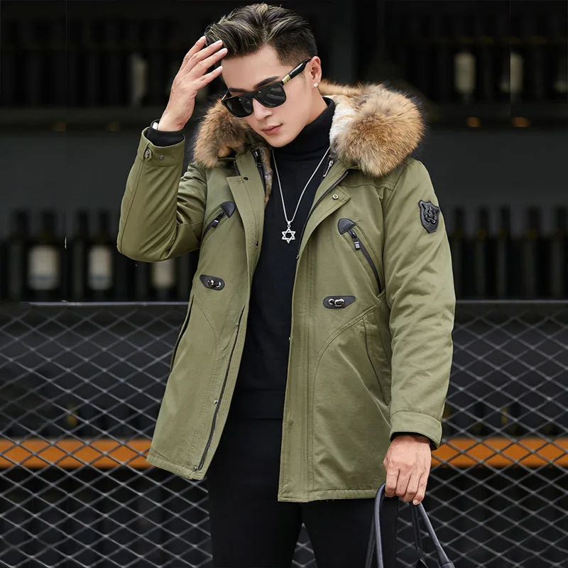 Новинка 2019 Мужская парка с капюшоном и воротником из натурального меха норки