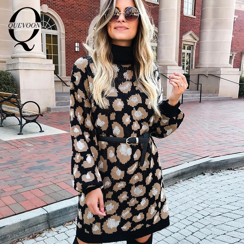 Женское трикотажное мини платье QUEVOON Повседневное свитер с леопардовым принтом