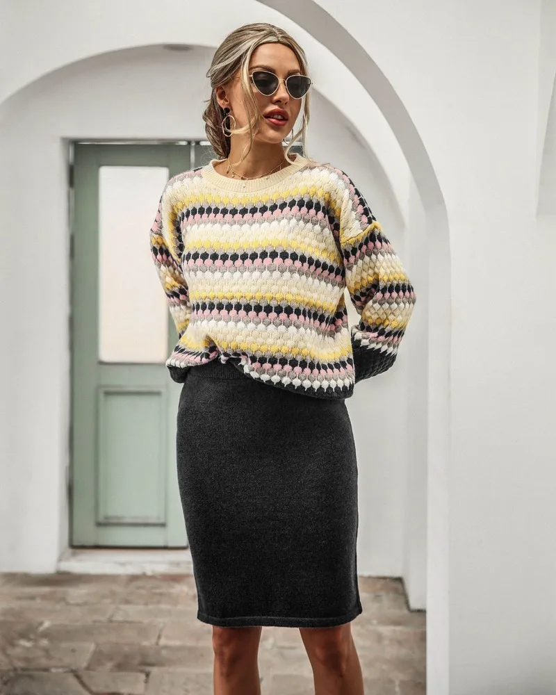 

Winter Two Piece Set Womens Lantern Sleeve Striped Knitted Pullovers+Midi Skirts Sweater Suits for Ladies Autumn Knit Outfits