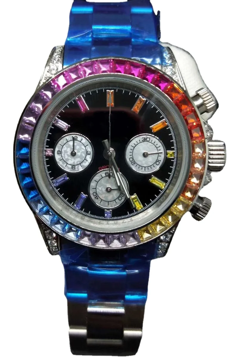 

High-end Men's Quartz Chronograph Watch Rainbow Diamonds Bezel Stainless Steel Silver Black Rose Gold Sapphire Glass