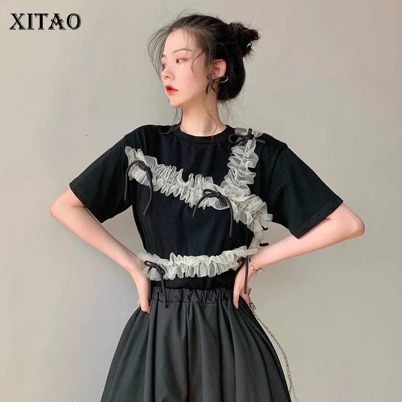 

XITAO Mesh Dress Fashion New Women Pullover Bow 2021 Summer Goddess Fan Casual Style Loose Elegant Dress Top Patchwork CLL1376