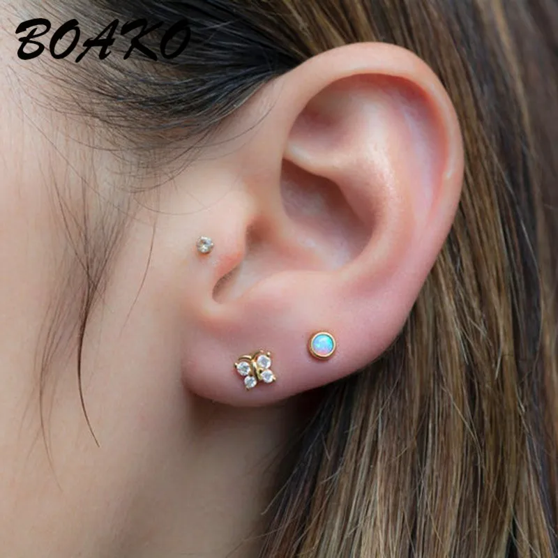 Женские маленькие серьги гвоздики BOAKO миниатюрные корейские с огненным опалом