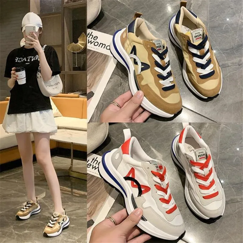

New ladies sneakers fashion leather stitching breathable wear-resistant thick-soled non-slip all-match casual shoes women