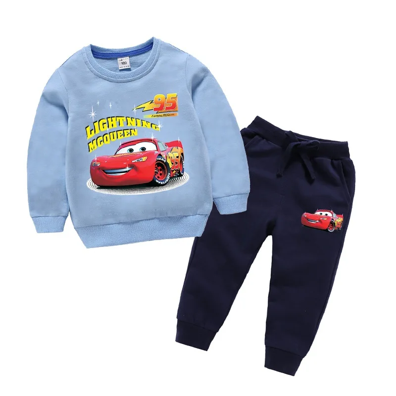 Light blue-navy Детская наборы Весна и осень новая детская одежда хлопок, Детский свитер+ брюки с героями мультфильмов, костюм для мальчиков, девочек - Цвет: Light blue-navy