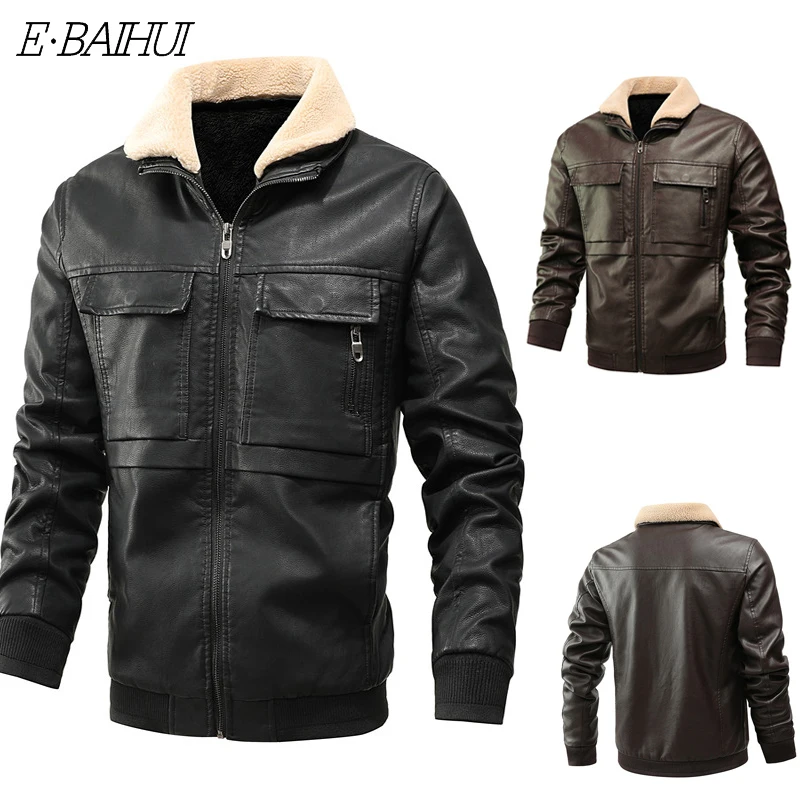 

E-BAIHUI Новая модная зимняя кожаная куртка для мужчин, Высококачественная сращенная дизайнерская бархатная теплая куртка-бомбер, парка с мехо...
