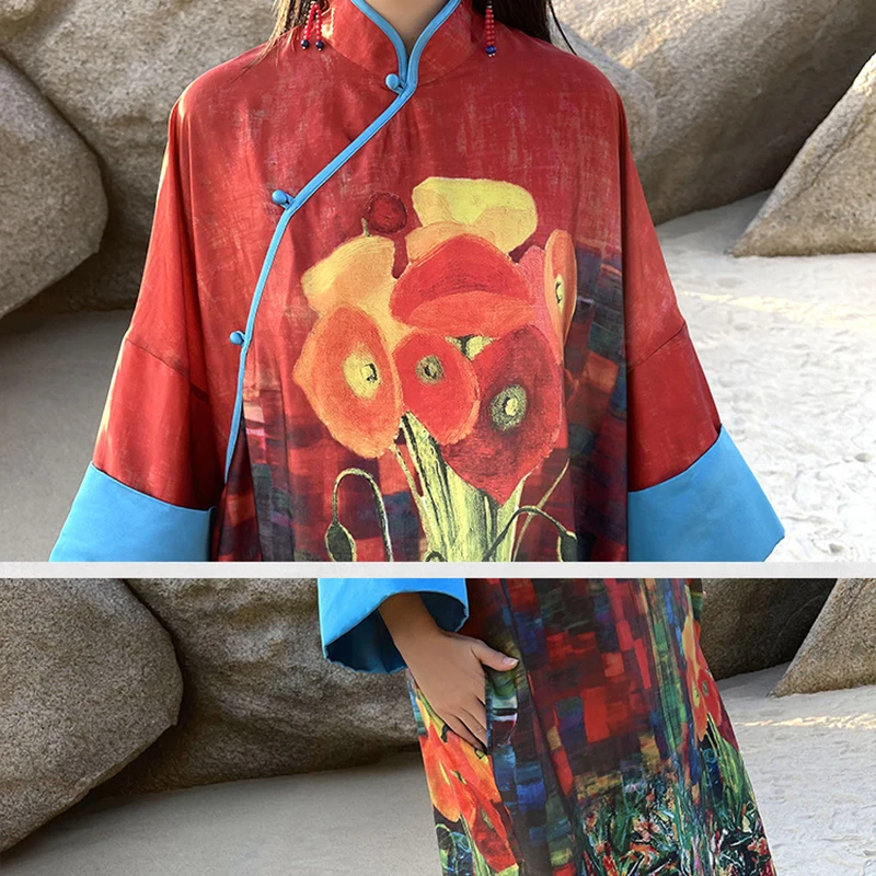 

NINI WONDERLAND 2021 Spring Print Loose Robe Dress Women Nation Style Patchwork Midi Dress Lady Batwing Sleeve Big Size Dresses