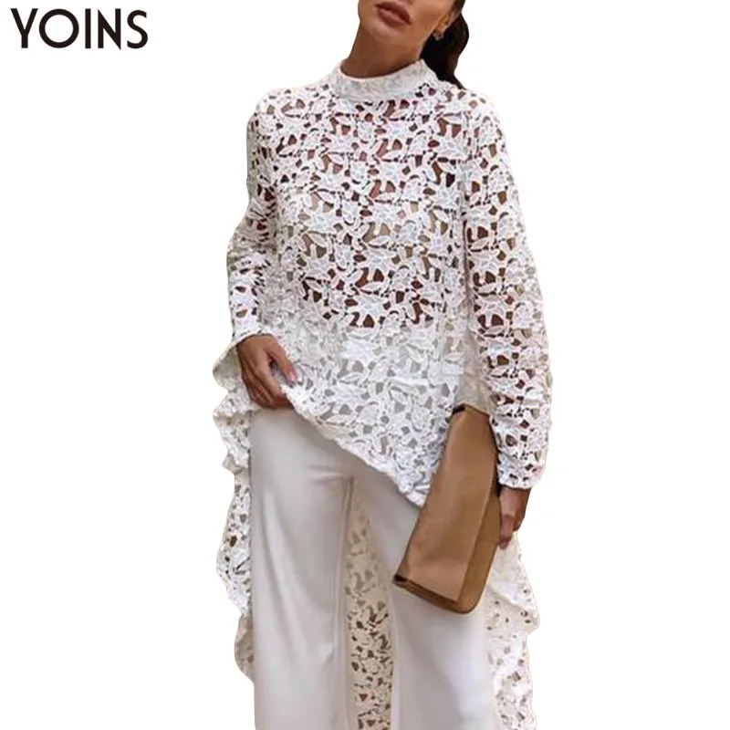 Женская кружевная блузка YOINS Белая Летняя туника с асимметричным подолом S-5XL |