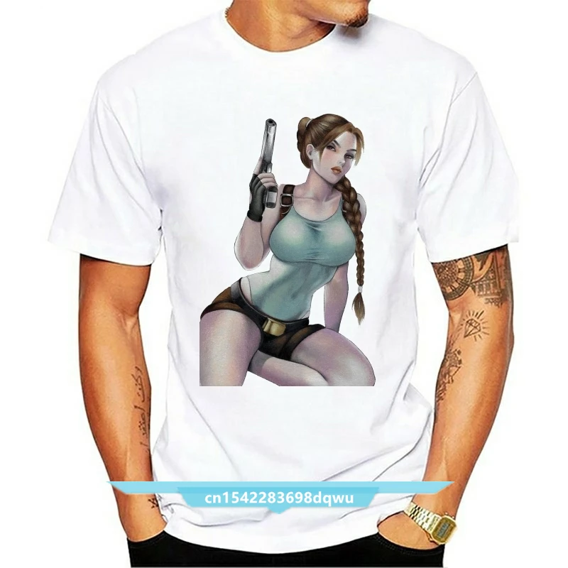 

Tomb Raider Lara Croft Gun Holding White T Shirt