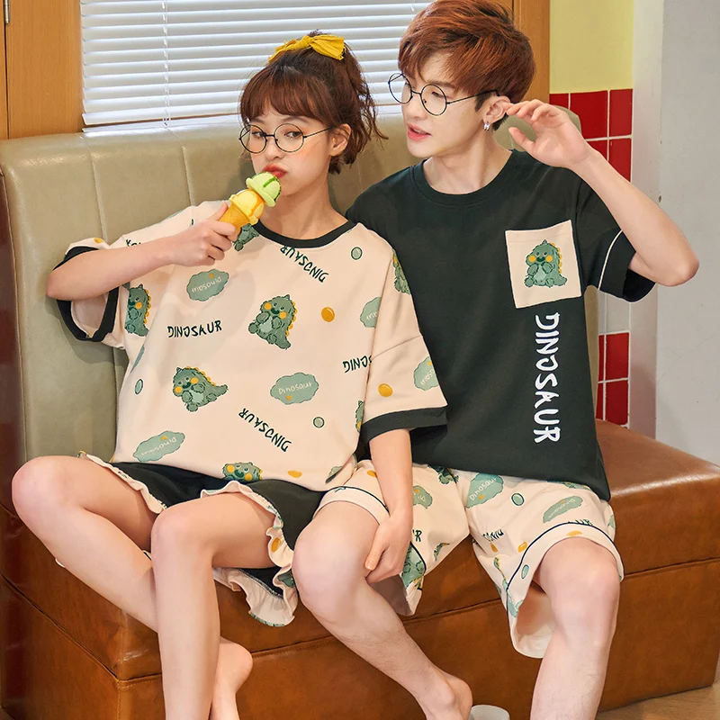 

Lovers Home Wear Kawaii Green Little Dinosaur Couple Pajamas Set Loose Cotton Nightwear Summer Cool Green Short Sleeve Plus Size