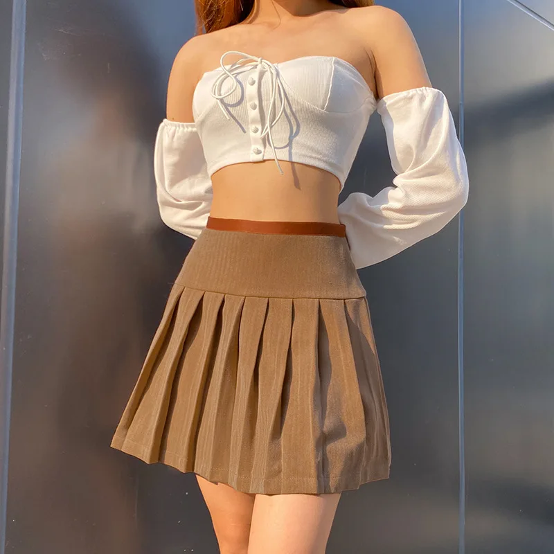 

Плиссированные юбки цвета хаки, женская короткая мини-юбка с высокой талией, Женская Повседневная бандажная юбка на завязках, весна 2021