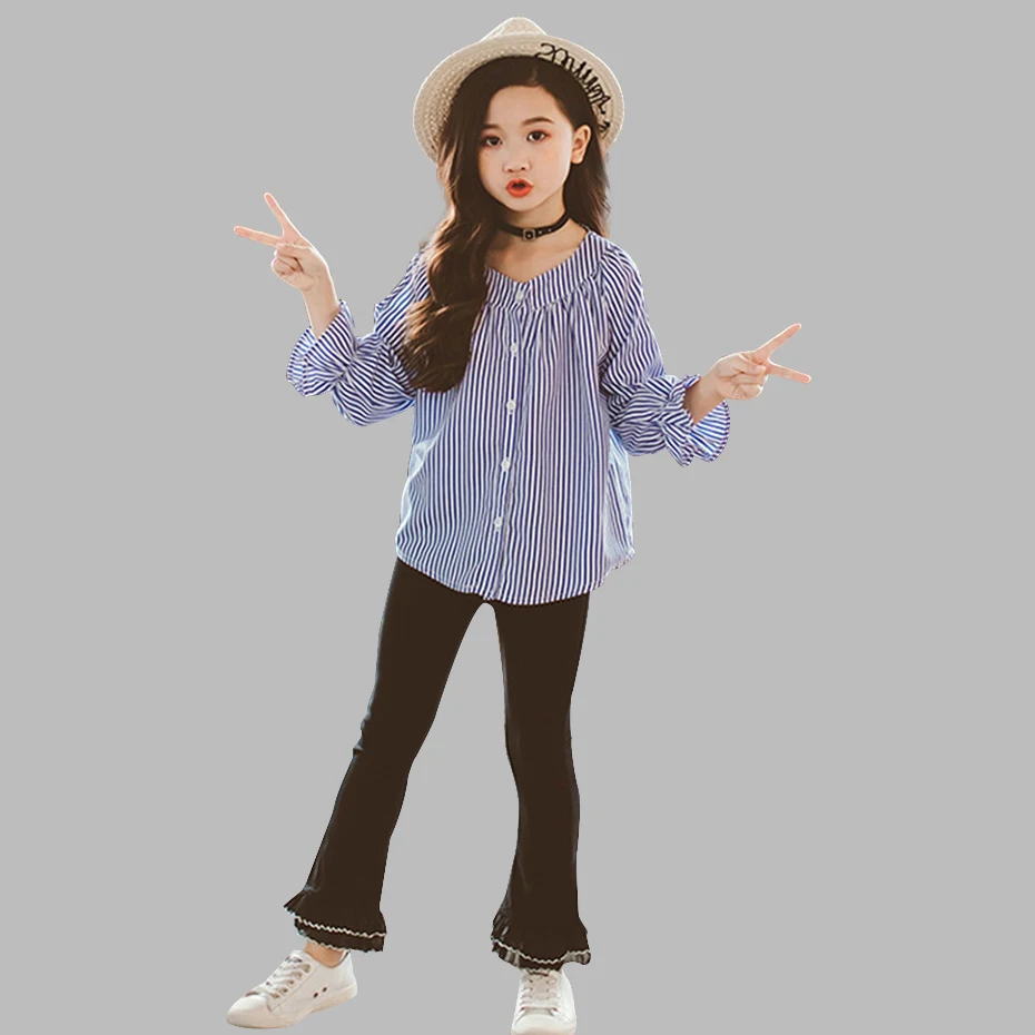 Комплект одежды для девочек полосатая блуза + штаны осенний костюм из 2 предметов